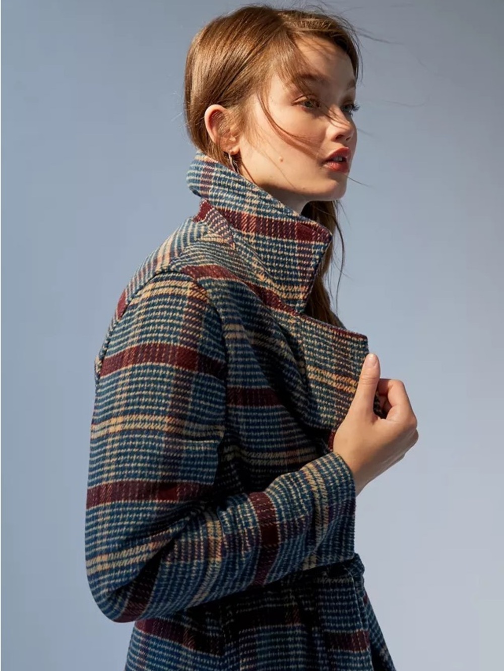 Urban Outfitters Plaid Off-the-Shoulder Sweater Coat in Teal & Burgundy